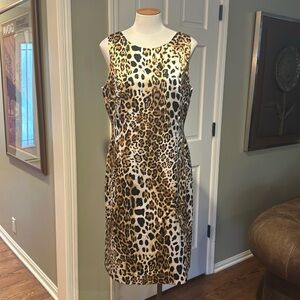 EUC Helene Berman Sz 12 Sheath Shift Dress Satin Animal Leopard Cheetah print